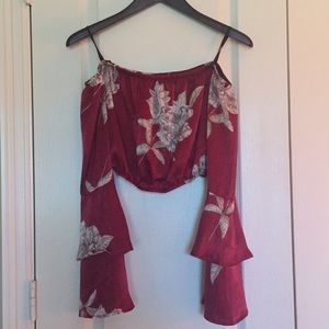 Papaya off-the-shoulder crop top w/ bell sleeves